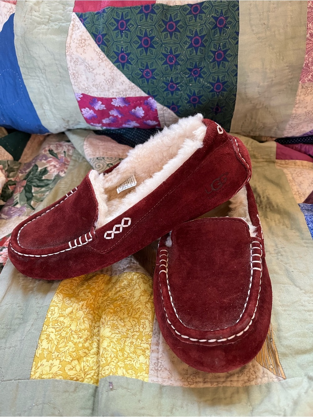 UGG Women’s Wine Red Suede Shearling Moccasin Slippers